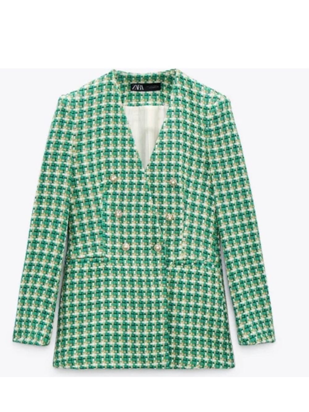 Zara Green and White Tweed Double-Breasted Blazer